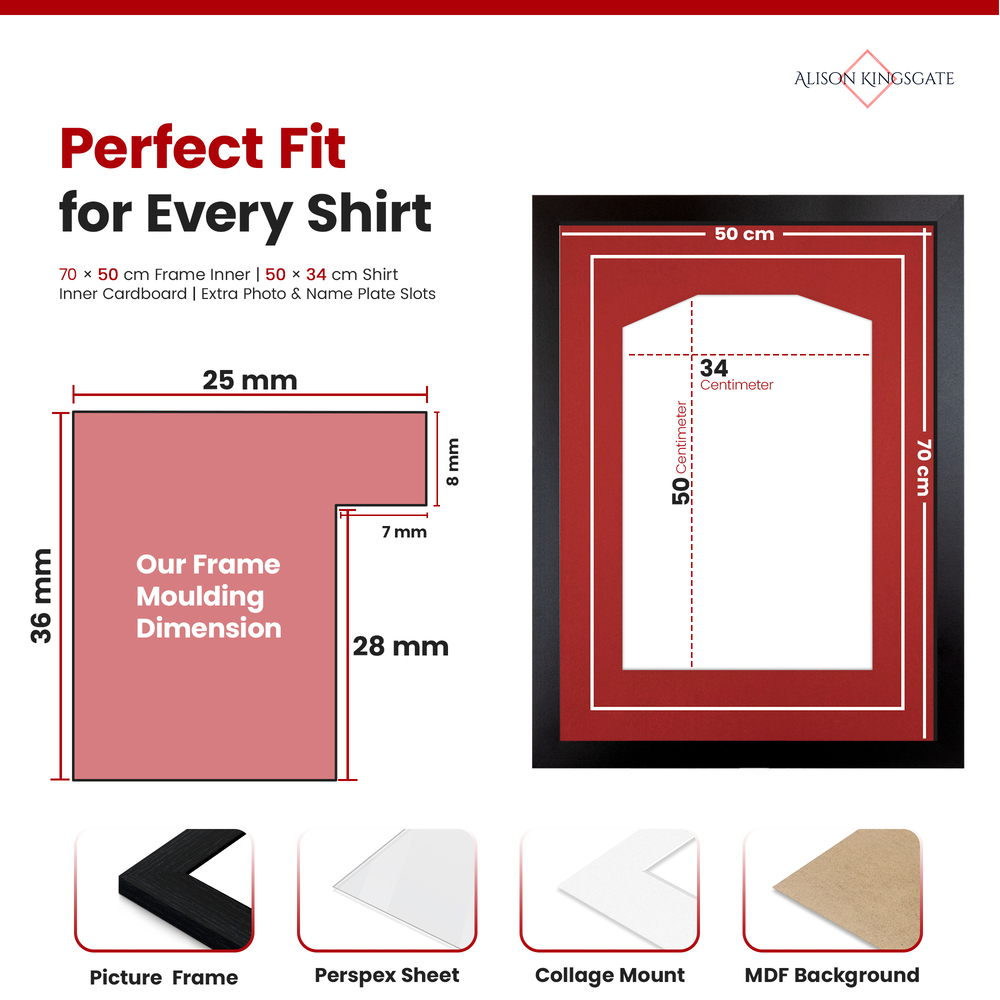 70x50cm Black Football Shirt Frame - With Crimson Mount & Perspex Front - Fits Football, Rugby, Cricket & Marathon Jerseys