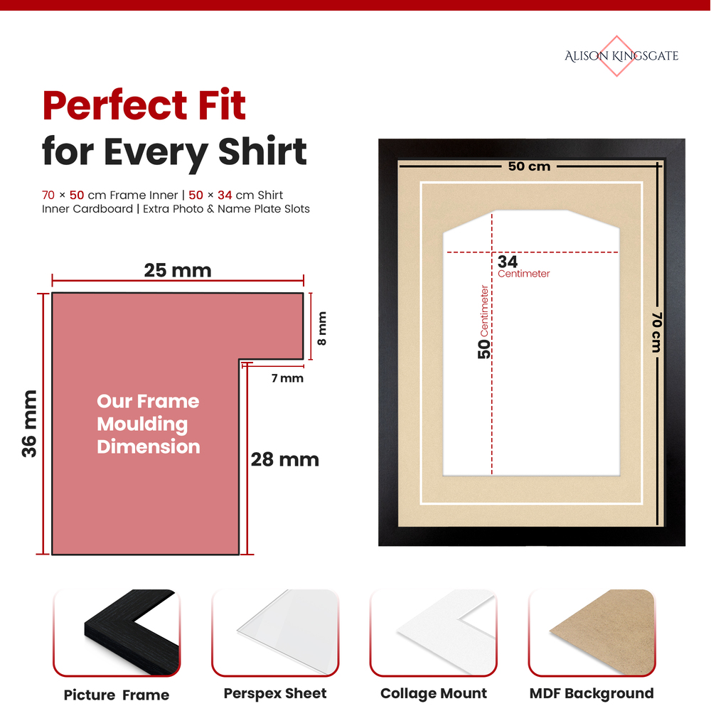 70x50cm Black Football Shirt Frame - With Ivory Mount & Perspex Front - Fits Football, Rugby, Cricket & Marathon Jerseys