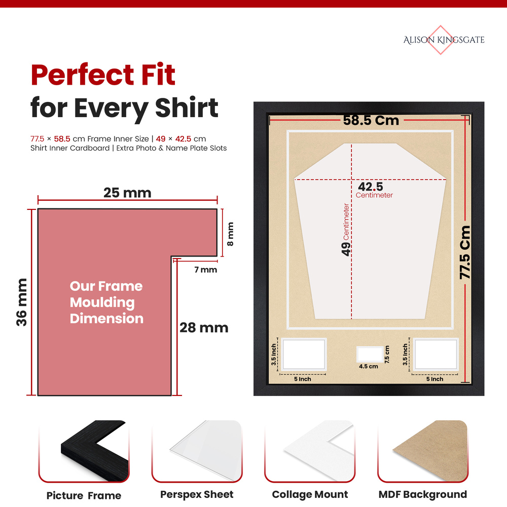 77.5x58.5cm Black Football Shirt Frame - With Ivory Mount & Perspex Front - Fits Football, Rugby, Cricket & Marathon Jerseys