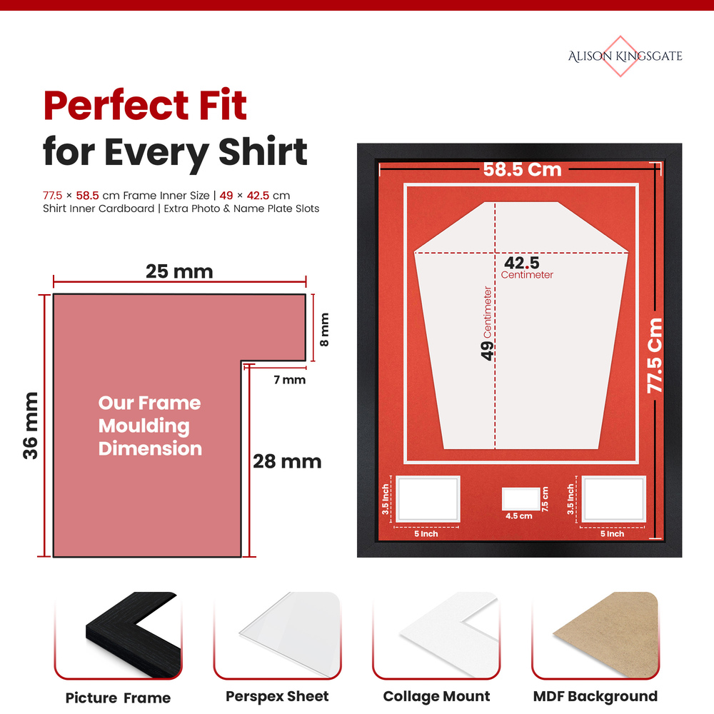 77.5x58.5cm Black Football Shirt Frame - With Poppy Red Mount & Perspex Front - Fits Football, Rugby, Cricket & Marathon Jerseys