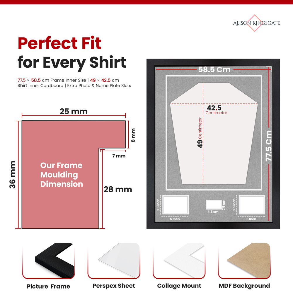 77.5x58.5cm Black Football Shirt Frame - With Silver Mount & Perspex Front - Fits Football, Rugby, Cricket & Marathon Jerseys