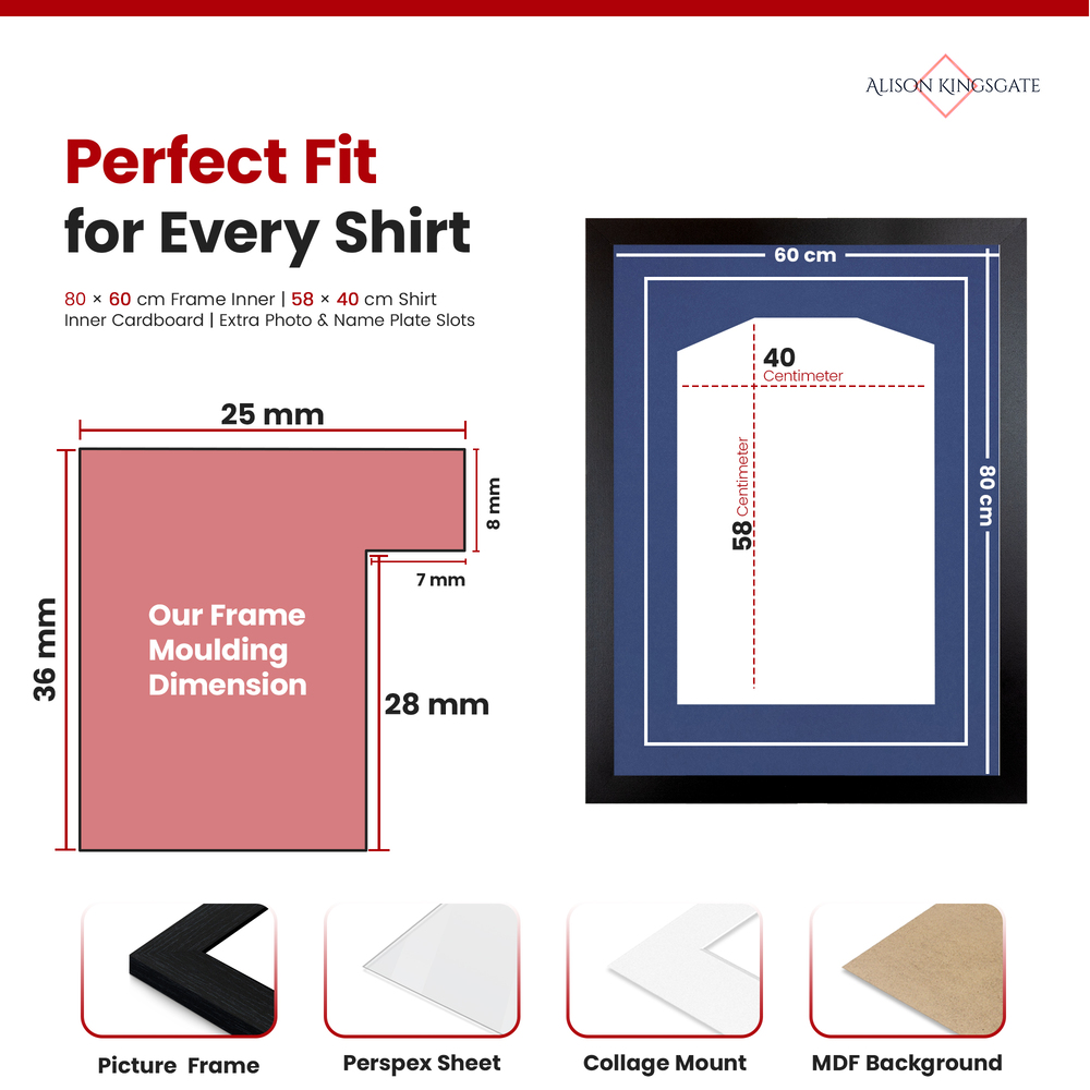 80x60cm Black Football Shirt Frame - With Blue Mount & Perspex Front - Fits Football, Rugby, Cricket & Marathon Jerseys