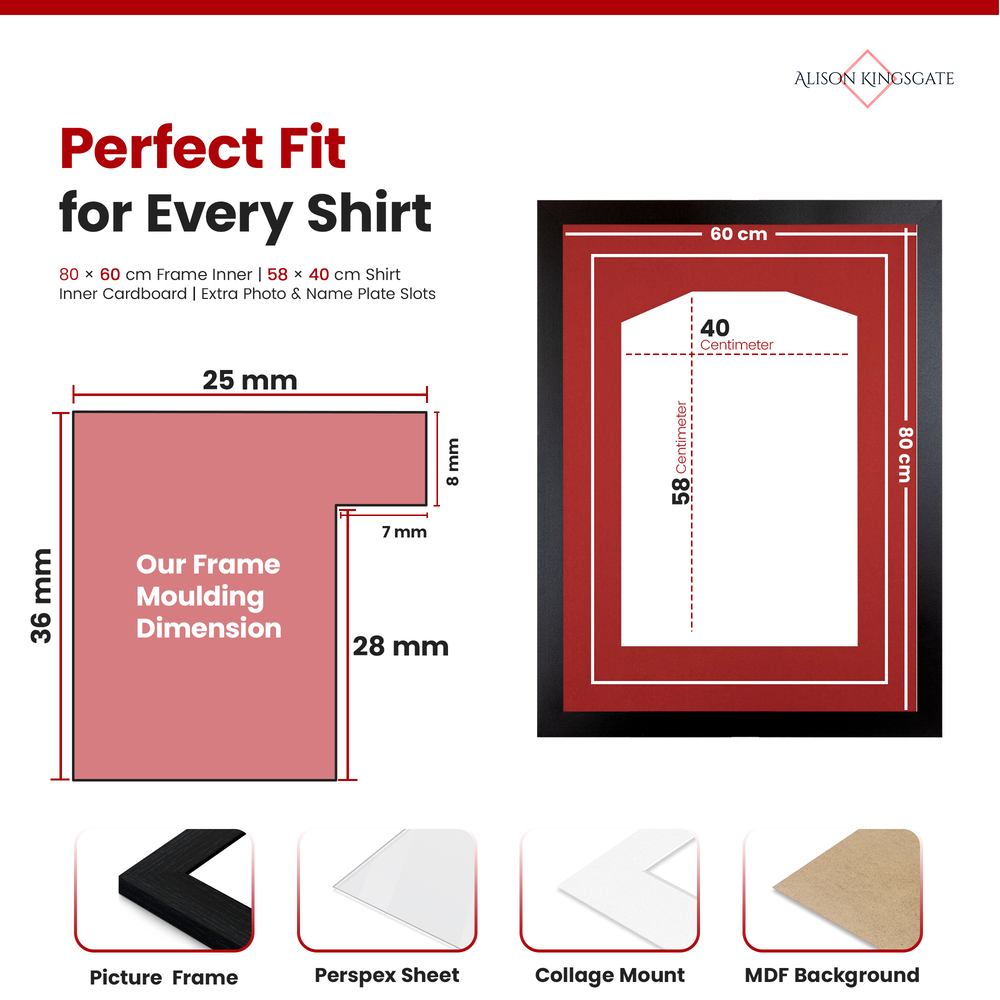 80x60cm Black Football Shirt Frame - With Crimson Mount & Perspex Front - Fits Football, Rugby, Cricket & Marathon Jerseys