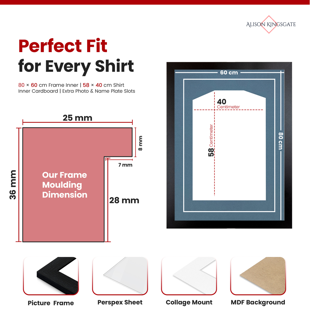 80x60cm Black Football Shirt Frame - With Pompadour Mount & Perspex Front - Fits Football, Rugby, Cricket & Marathon Jerseys
