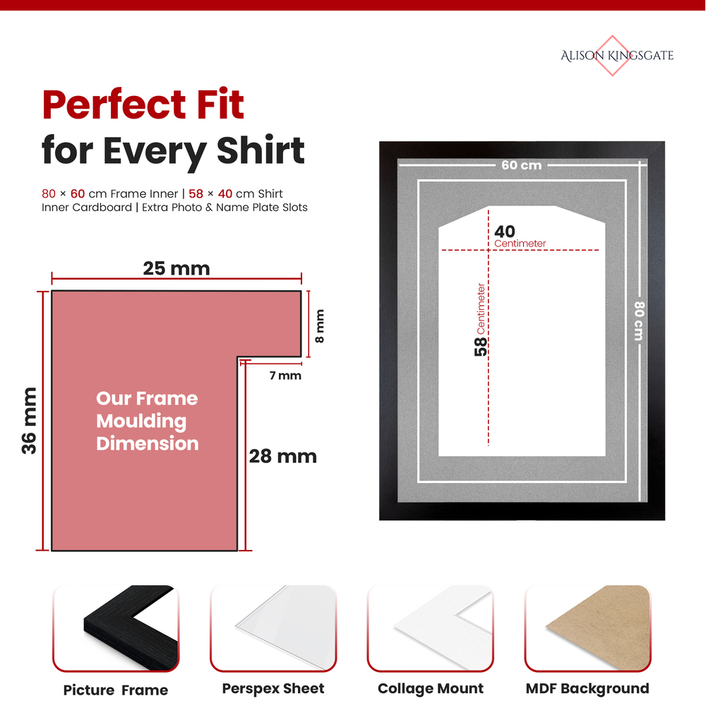 80x60cm Black Football Shirt Frame - With Silver Mount & Perspex Front - Fits Football, Rugby, Cricket & Marathon Jerseys
