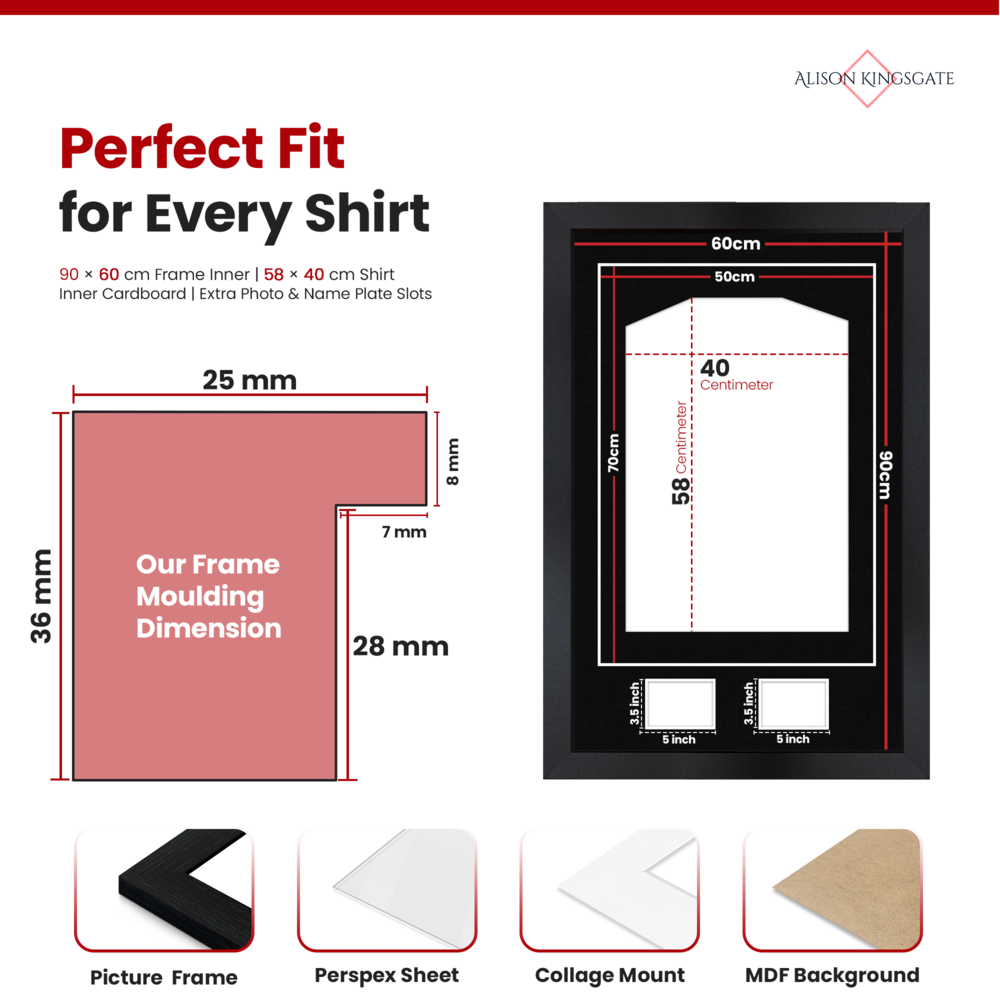 90x60cm Black Football Shirt Frame - With Mat Black Mount & Perspex Front - Fits Football, Rugby, Cricket & Marathon Jerseys