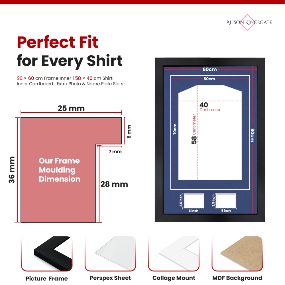 90x60cm Black Football Shirt Frame - With Blue Mount & Perspex Front - Fits Football, Rugby, Cricket & Marathon Jerseys