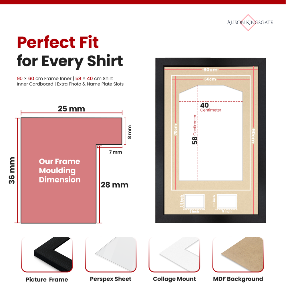 90x60cm Black Football Shirt Frame - With Ivory Mount & Perspex Front - Fits Football, Rugby, Cricket & Marathon Jerseys