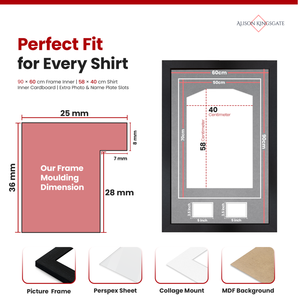 90x60cm Black Football Shirt Frame - With Mid Grey Mount & Perspex Front - Fits Football, Rugby, Cricket & Marathon Jerseys