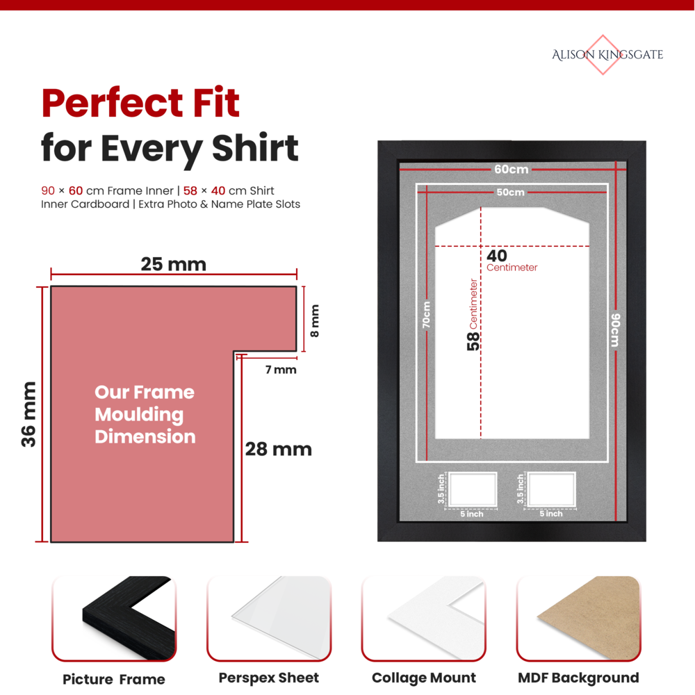 90x60cm Black Football Shirt Frame - With Silver Mount & Perspex Front - Fits Football, Rugby, Cricket & Marathon Jerseys