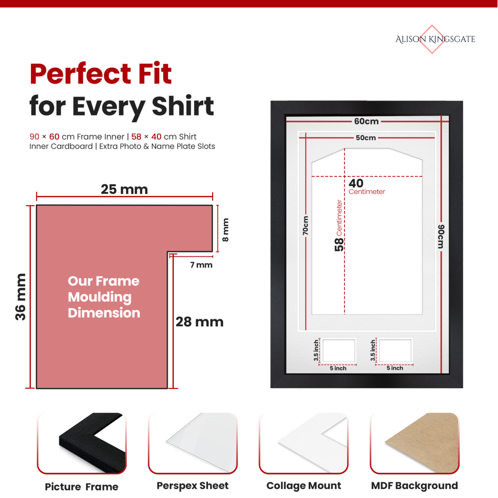 90x60cm Black Football Shirt Frame - With White Mount & Perspex Front - Fits Football, Rugby, Cricket & Marathon Jerseys