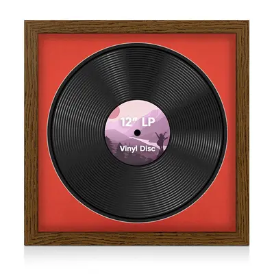 16X16" Dark Oak Modern Vinyl Record Frame With Poppy Red Mount For 12 Inch LP Disc - Elegant Display For Music Lovers