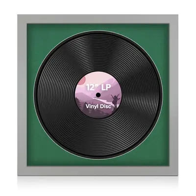 16X16" Light Grey Modern Vinyl Record Frame With Emerald (Green) Mount 12 Inch LP Disc - Stylish Display Frame