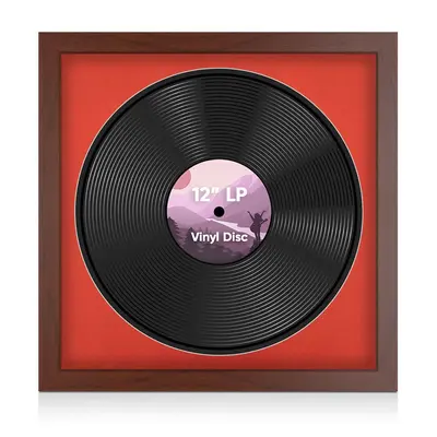 16X16" Rose Wood Modern Vinyl Record Frame With Poppy Red Mount 12 Inch LP Disc - Stylish Display Frame