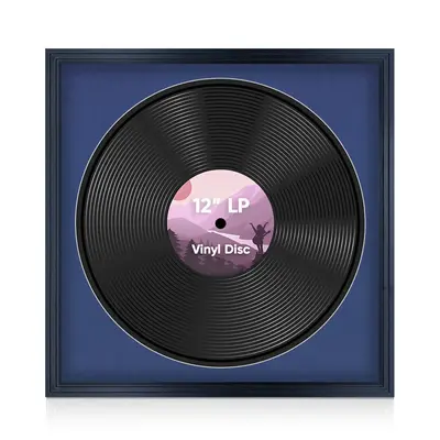 16X16" Black Step Vinyl Record Frame With Blue Mount For 12 Inch LP Disc - Elegant Display For Music Lovers