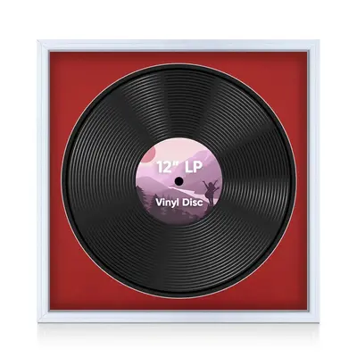16X16" White Step Vinyl Record Frame With Crimson Mount For 12 Inch LP Disc - Elegant Display For Music Lovers