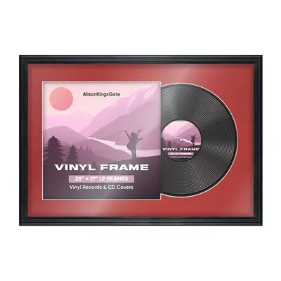 25X17" Black Classic Vinyl Record Frame With Crimson Mount For 12" LP Cover & Disc (Overlapped)