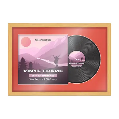 25X17" Country Pine Classic Vinyl Record Frame With Poppy Red Mount For Overlapped 12" LP Cover & Disc - Elegant Display Design