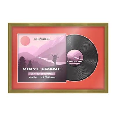 25X17" Gold Classic Vinyl Record Frame With Poppy Red Mount For Overlapped 12" LP Cover & Disc