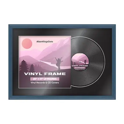 25X17" Navy Blue Classic Vinyl Record Frame With Black Mount For Overlapped 12" LP Cover & Disc - Elegant Display Design