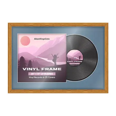 25X17" Oak Classic Vinyl Record Frame With Pompador Mount For Overlapped 12" LP Cover & Disc