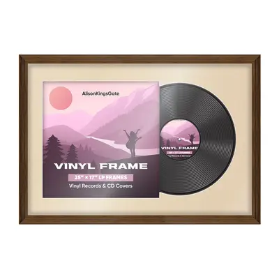 25X17" Walnut Classic Vinyl Record Frame With Ivory Mount For Overlapped 12" LP Cover & Disc - Elegant Display Design