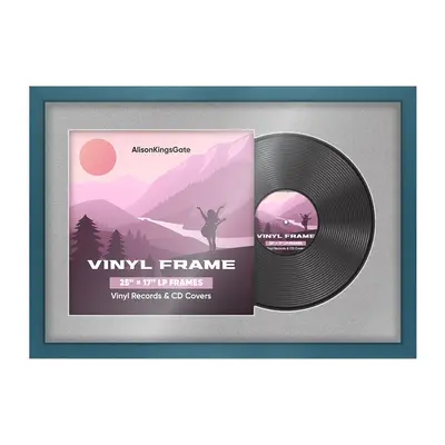 25X17" Navy Blue Modern Sleek Vinyl Record Frame With Silver Mount For Overlapped 12" LP Cover & Disc