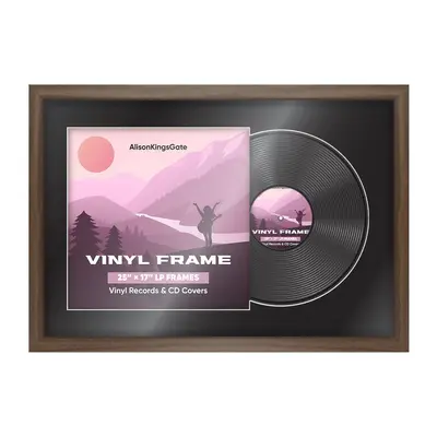 25X17" Walnut Modern Sleek Vinyl Record Frame With Black Mount For 12" LP Cover & Disc - Vinyl Overlapped Design