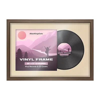25X17" Walnut Modern Sleek Vinyl Record Frame With Ivory Mount For Overlapped 12" LP Cover & Disc