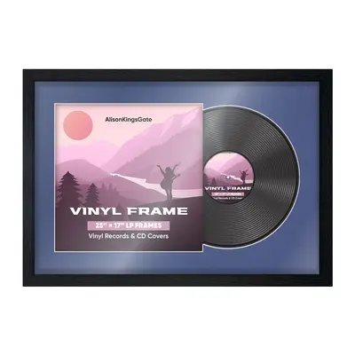 25X17" Black Modern Vinyl Record Frame With Blue Mount For Overlapped 12" LP Cover & Disc - Elegant Display Design