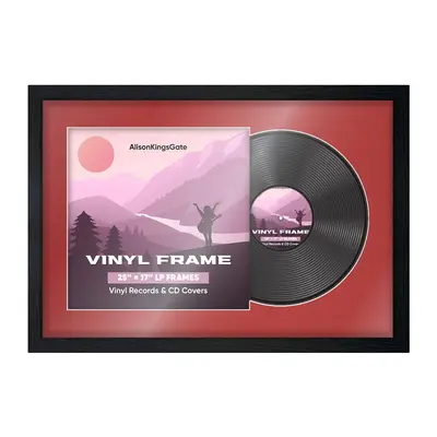 25X17" Black Modern Vinyl Record Frame With Crimson Mount For 12" LP Cover & Disc (Overlapped)