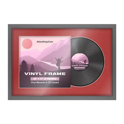 25X17" Dark Grey Modern Vinyl Record Frame With Crimson Mount For Overlapped 12" LP Cover & Disc