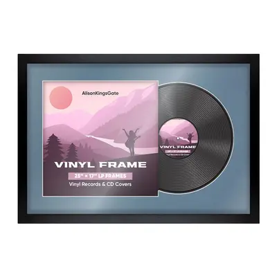 25X17" Mat Black Modern Vinyl Record Frame With Pompador Mount For 12" LP Cover & Disc - Vinyl Overlapped Design