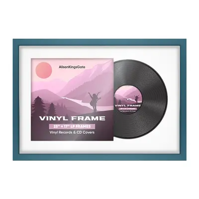 25X17" Navy Blue Modern Vinyl Record Frame With Ice White Mount For 12" LP Cover & Disc - Vinyl Overlapped Design