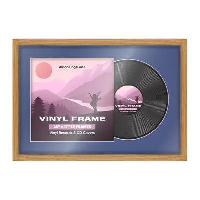 25X17" Oak Modern Vinyl Record Frame With Blue Mount For Overlapped 12" LP Cover & Disc