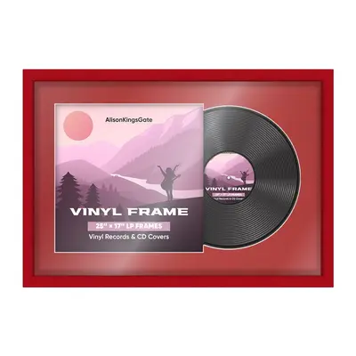25X17"  Modern Vinyl Record Frame With Crimson Mount For 12" LP Cover & Disc (Overlapped)