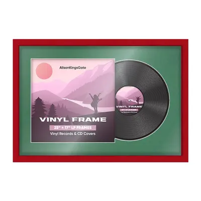 25X17"  Modern Vinyl Record Frame With Emerald (Green) Mount For 12" LP Cover & Disc (Overlapped)