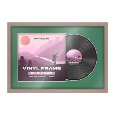 25X17" Rose Gold Modern Vinyl Record Frame With Emerald (Green) Mount For 12" LP Cover & Disc (Overlapped)