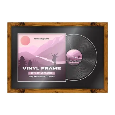 25X17" Rustic Oak Modern Vinyl Record Frame With Black Mount For Overlapped 12" LP Cover & Disc - Elegant Display Design
