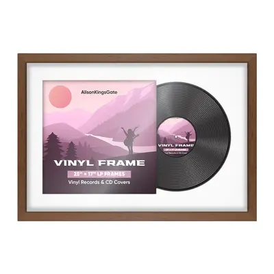 25X17" Walnut Modern Vinyl Record Frame With Ice White Mount For Overlapped 12" LP Cover & Disc - Elegant Display Design