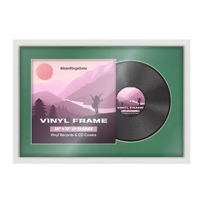 25X17" White Modern Vinyl Record Frame With Emerald (Green) Mount For Overlapped 12" LP Cover & Disc - Elegant Display Design