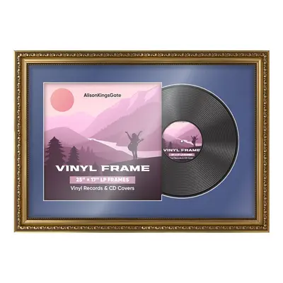 25x17" Ornate Gold Vintage Vinyl Record Frame With Blue Mount For 12" LP Cover & Disc (Overlapped)