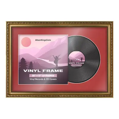25x17" Ornate Gold Vintage Vinyl Record Frame With Crimson Mount For 12" LP Cover & Disc (Overlapped)