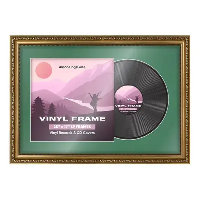 25x17" Ornate Gold Vintage Vinyl Record Frame With Emerald Green Mount For 12" LP Cover & Disc (Overlapped)