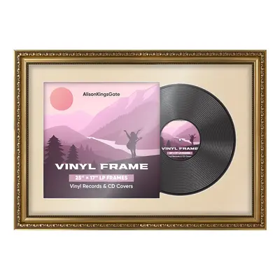 25x17" Ornate Gold Vintage Vinyl Record Frame With Ivory Mount For 12" LP Cover & Disc (Overlapped)