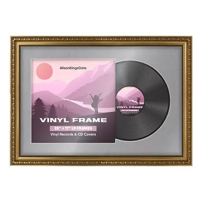 25x17" Ornate Gold Vintage Vinyl Record Frame With Mid Grey Mount For 12" LP Cover & Disc (Overlapped)