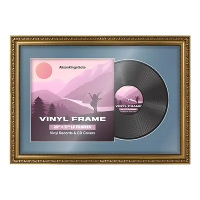 25x17" Ornate Gold Vintage Vinyl Record Frame With Pompadour Mount For 12" LP Cover & Disc (Overlapped)