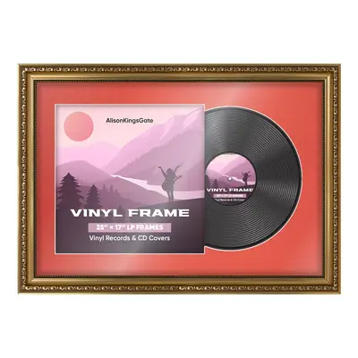 25x17" Ornate Gold Vintage Vinyl Record Frame With Poppy Red Mount For 12" LP Cover & Disc (Overlapped)