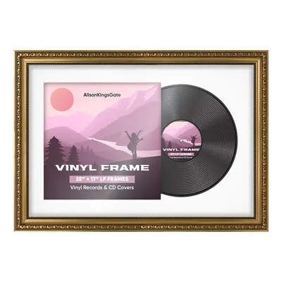 25x17" Ornate Gold Vintage Vinyl Record Frame With Ice White Mount For 12" LP Cover & Disc (Overlapped)