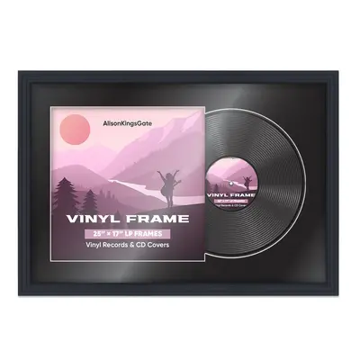 25X17" Black Step Vinyl Record Frame With Black Mount For Overlapped 12" LP Cover & Disc